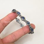 Blue Sapphire And Pave Diamond Bracelet Black Oxidized 925 Sterling Silver Handmade Gemstone Jewelry Gift For Her.
